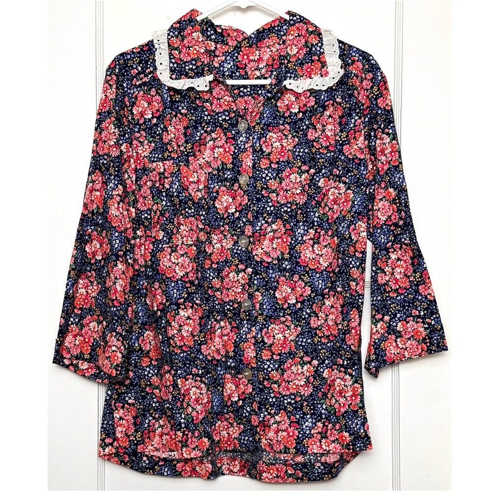 VINTAGE‎ 70s Floral Print Lace Trim Collar Button Up Cottagecore Top Large - Picture 2 of 4